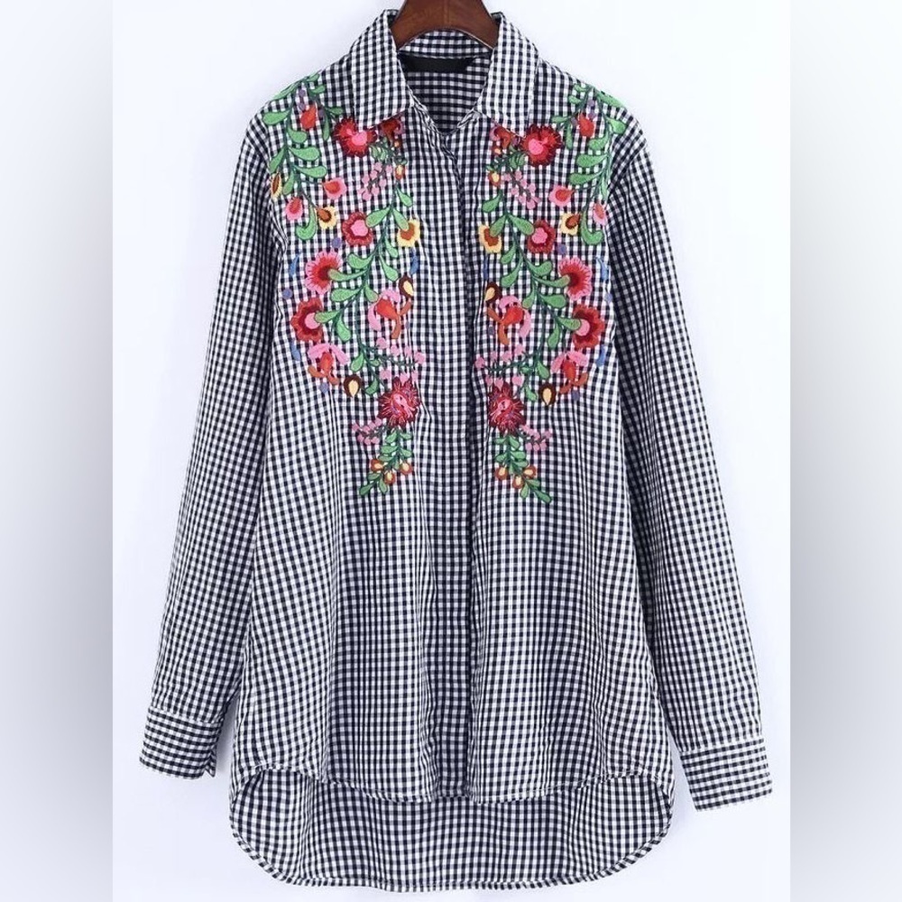 Zara Woman Oversized Gingham Plaid Colourful Embroidered Blouse Button Top • XS